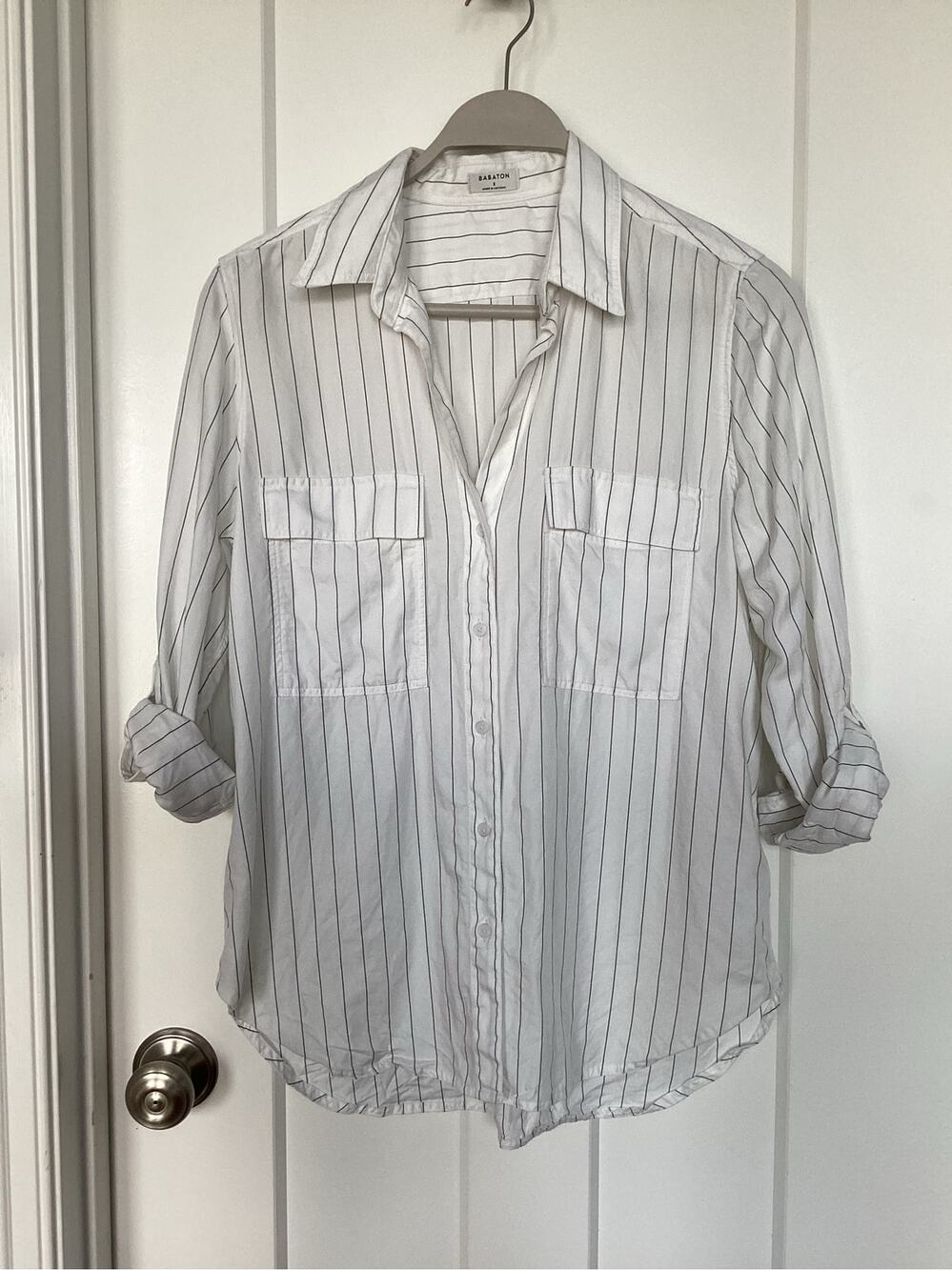 Babaton Aritizia Women's Pinstripe Button-Up Utility Shirt Black White Small